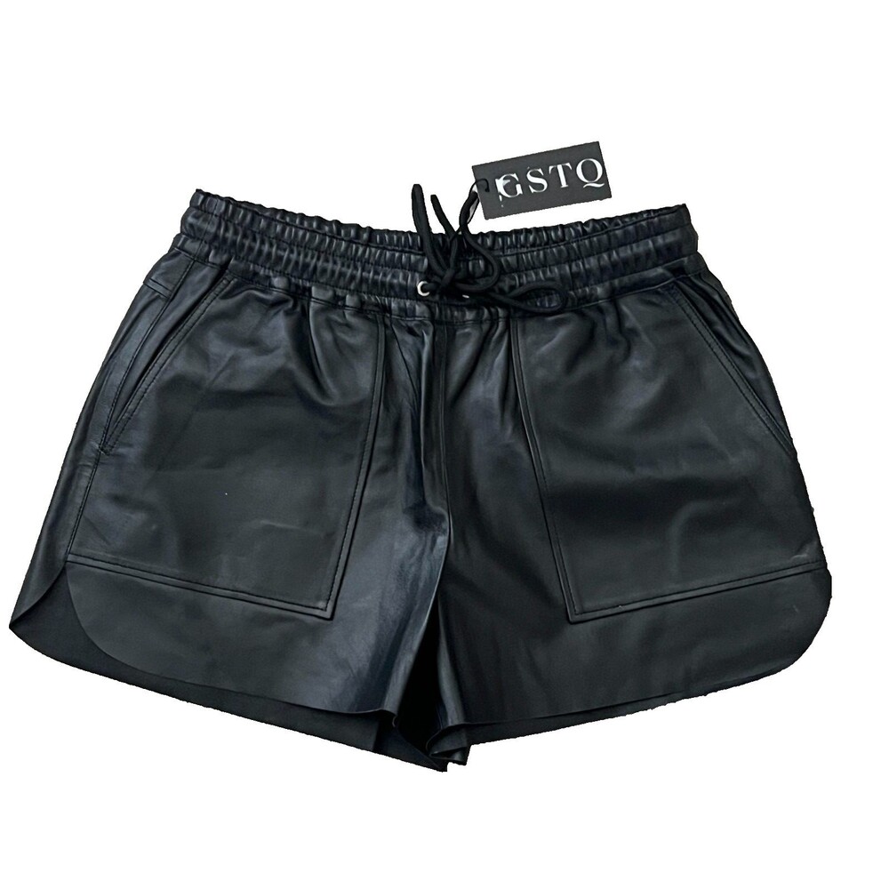 NWT GSTQ Women’s M 100% Leather Black Shorts Drawstring Biker Goth Punk Rock